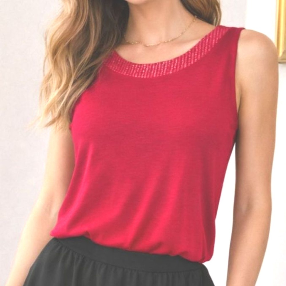 Coldwater Creek Red Sequin Neck Tank Sleeveless Blouse Small Holiday‎ Work